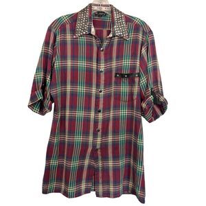 Riley Ranch Shirt Sz S Plaid Studded Cotton Distressed Short Sleeve Snap Western